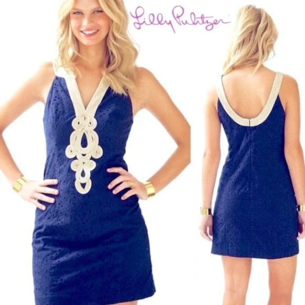 Lilly Pulitzer Emery Shift Dress Size 2 True Navy Starfish Eyelet NWT